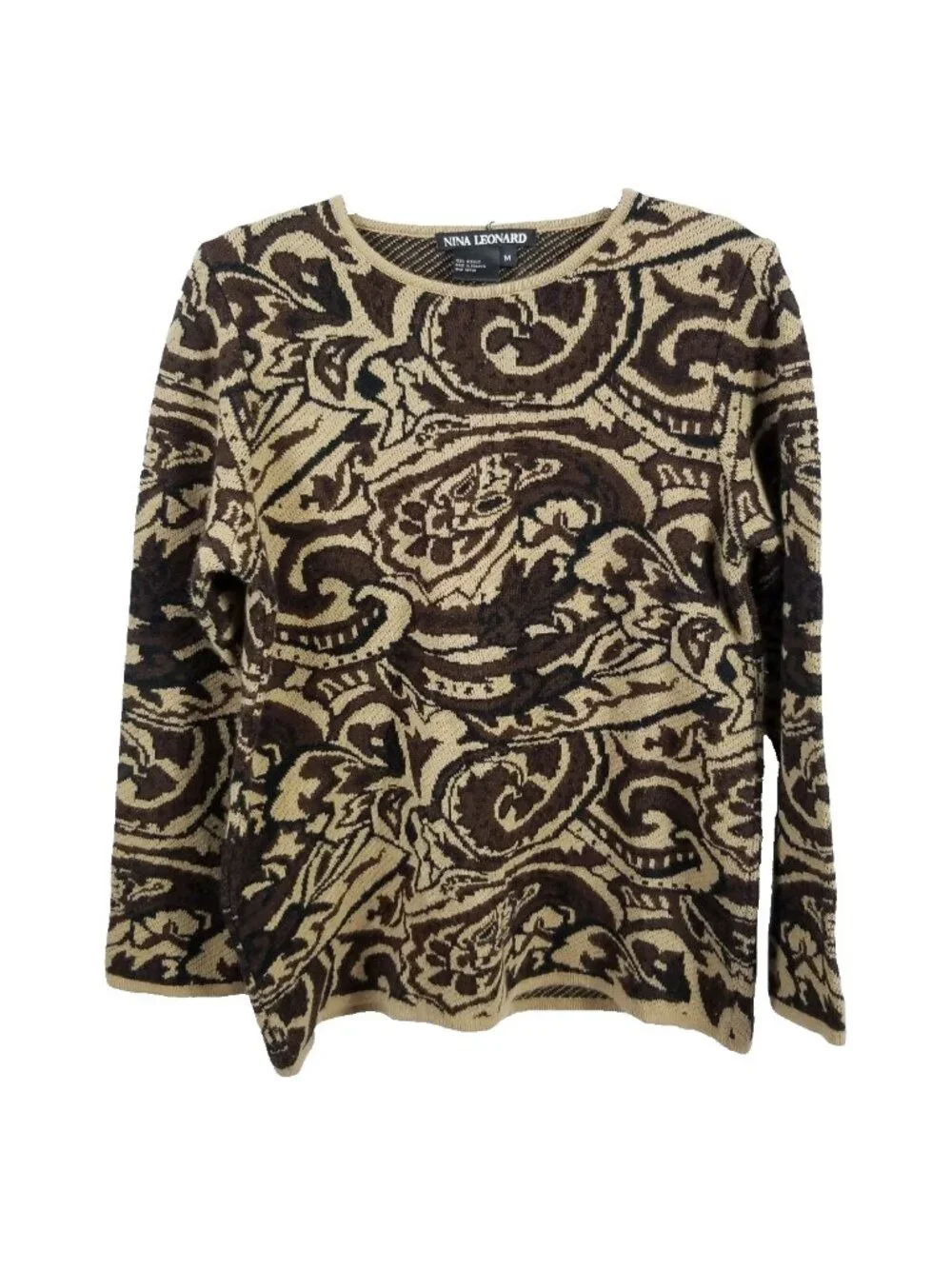 VINTAGE 90s Nina Leonard Sweater Women Medium Acrylic Brown Paisley Knit Leopard